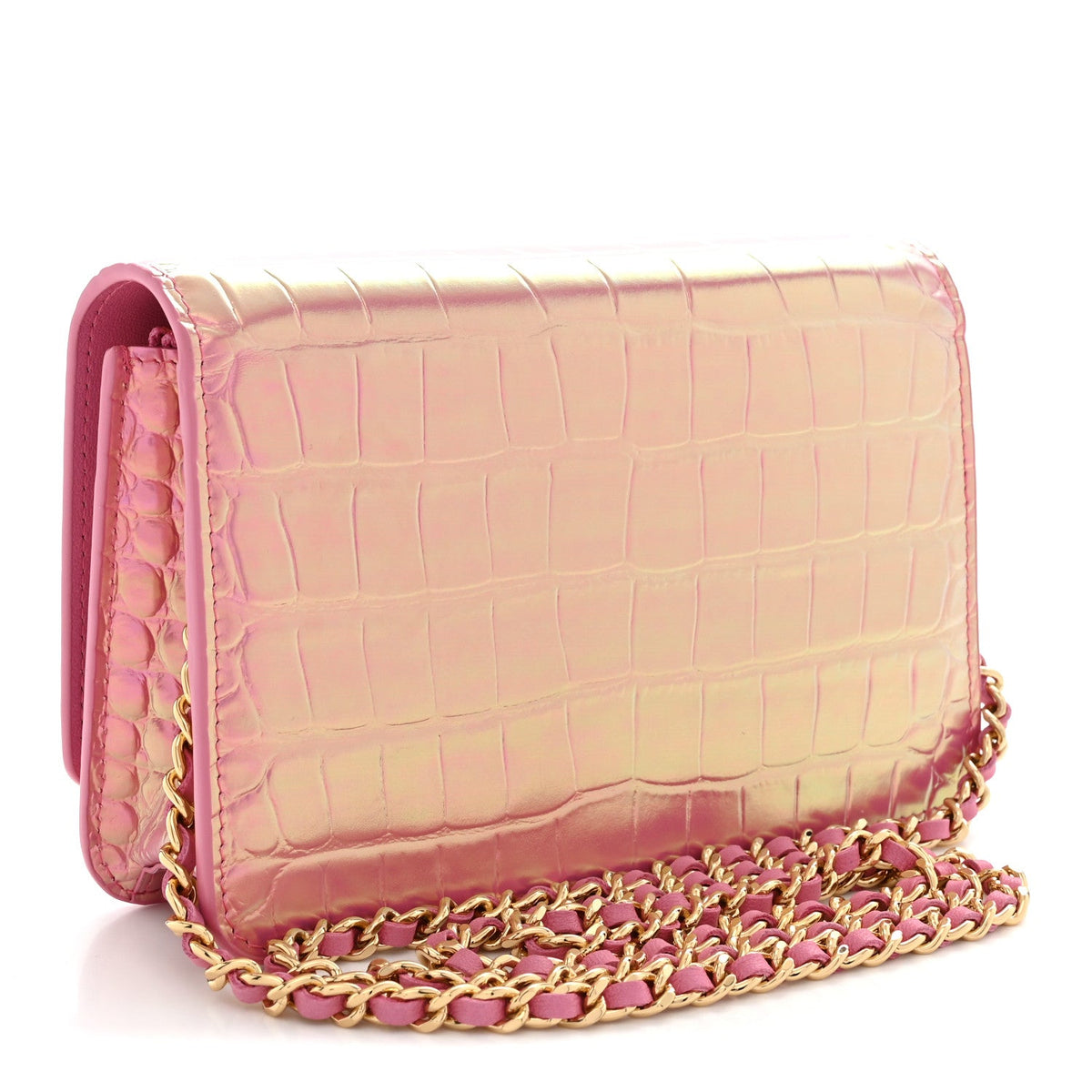Iridescent Calfskin Crocodile Embossed Wallet On Chain WOC Pink