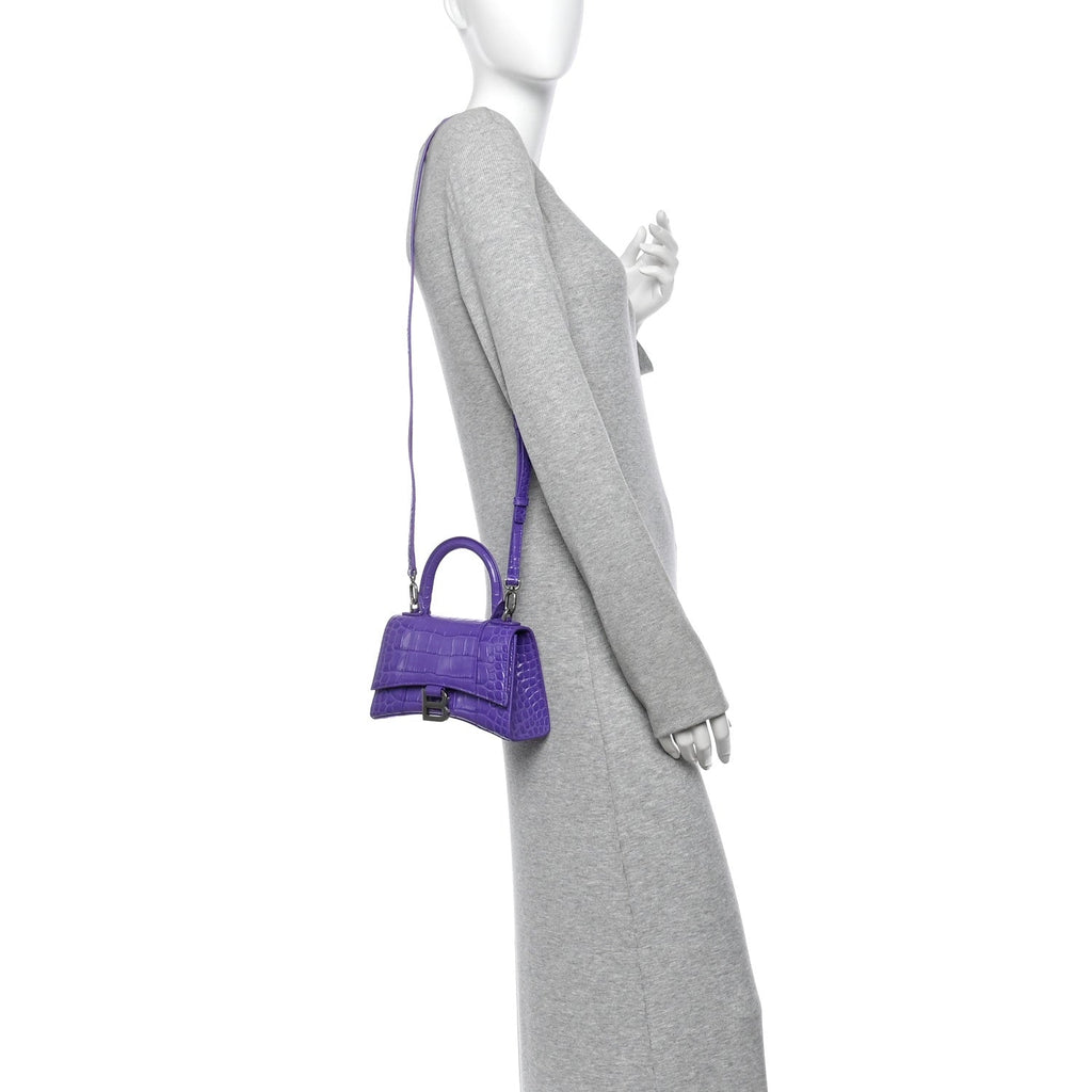 Shiny Calfskin Crocodile Embossed Hourglass Top Handle Bag XS Viola