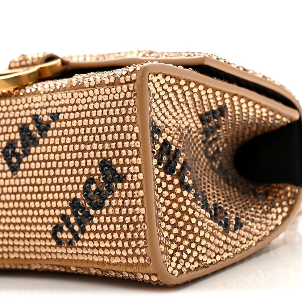 Strass Suede Allover Logo Hourglass Top Handle Bag XS with Chain Gold Black