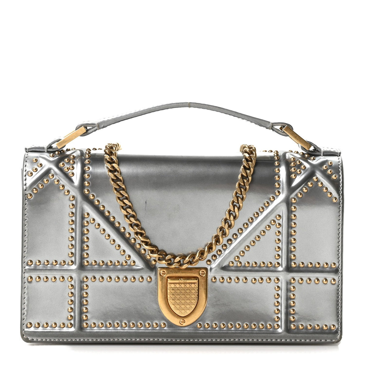 Metallic Patent Studded Diorama Top Handle Wallet on Chain Pouch Silver