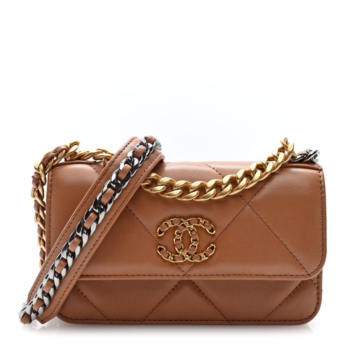 Lambskin Quilted Chanel 19 Flap Phone Holder With Chain Brown