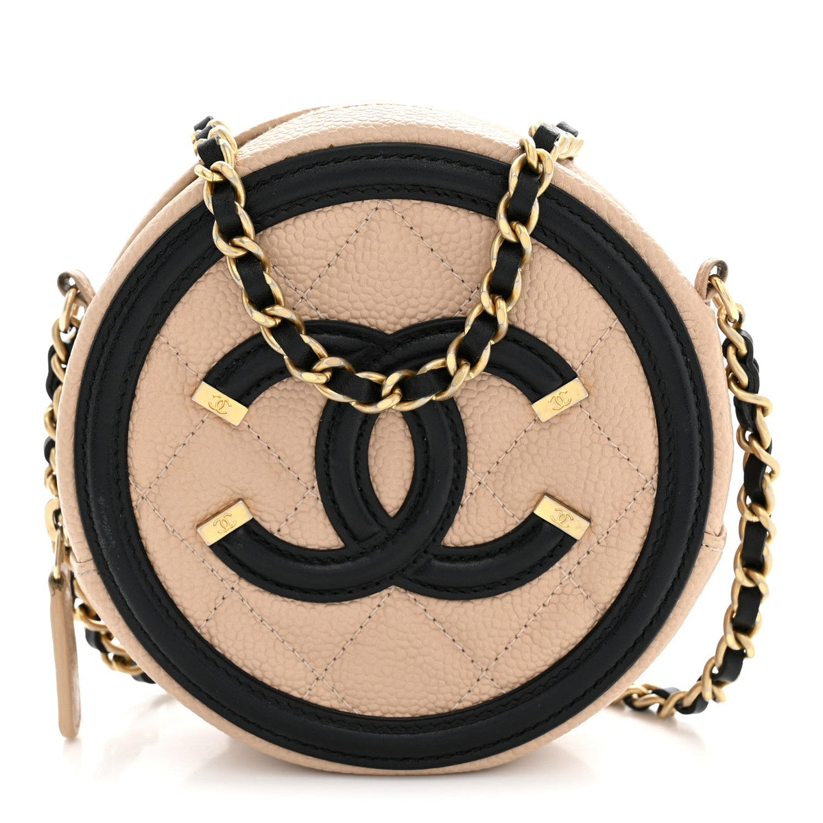 Caviar Quilted Round Filigree Crossbody Beige Black