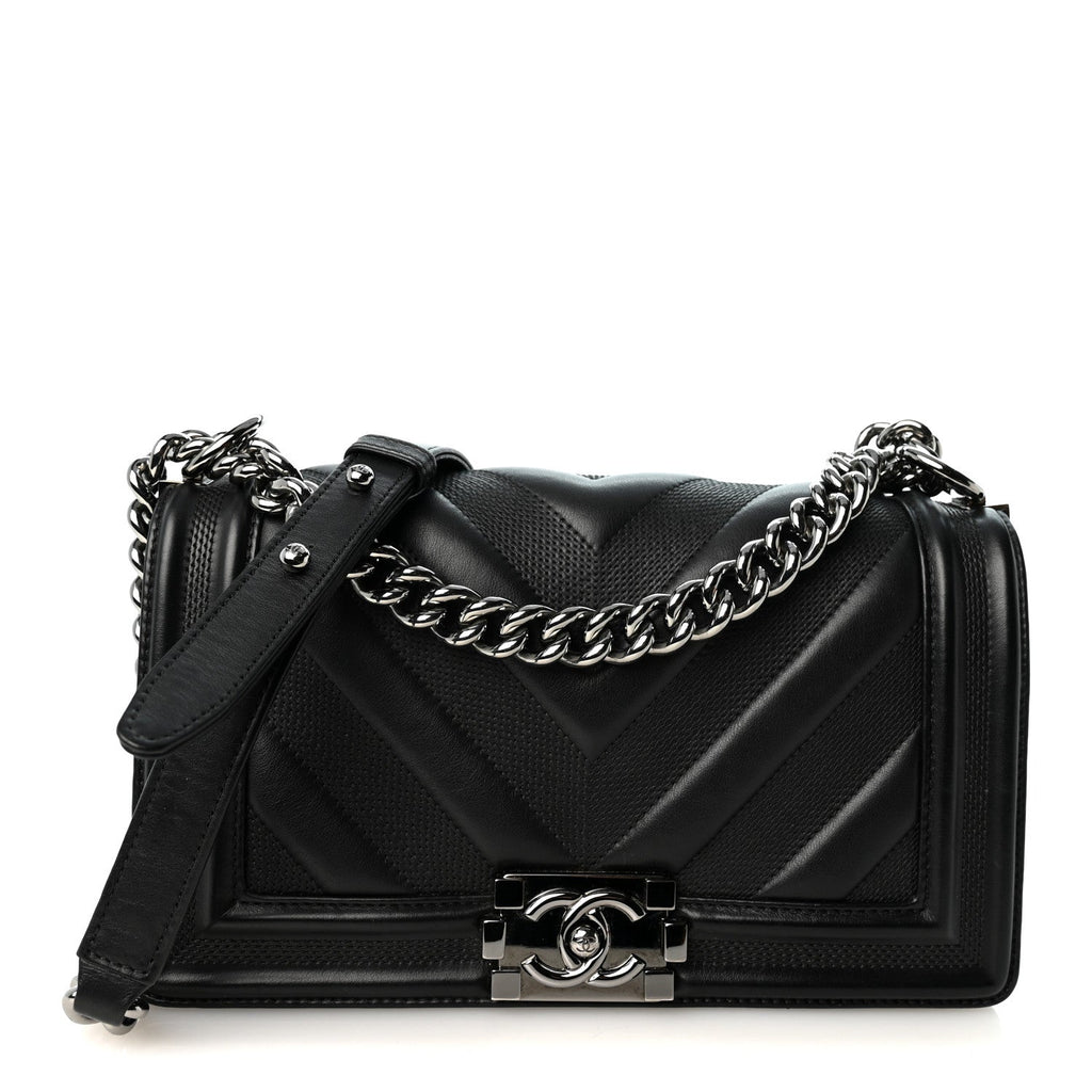 Calfskin Perforated Chevron Quilted Medium Boy Flap Black
