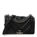 Calfskin Perforated Chevron Quilted Medium Boy Flap Black