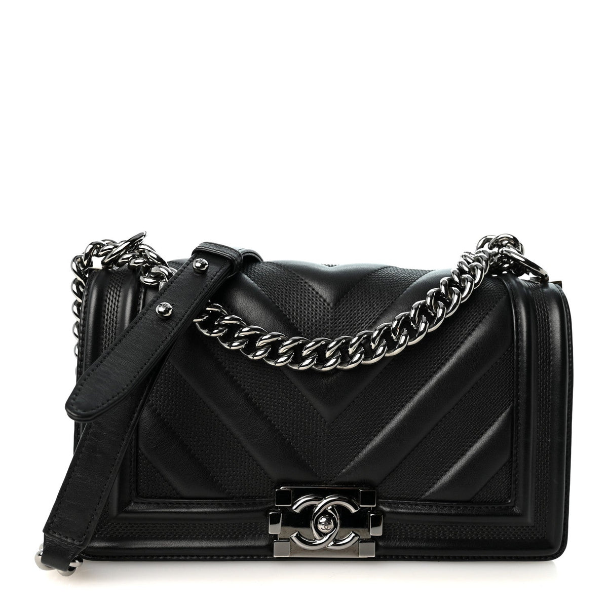 Calfskin Perforated Chevron Quilted Medium Boy Flap Black