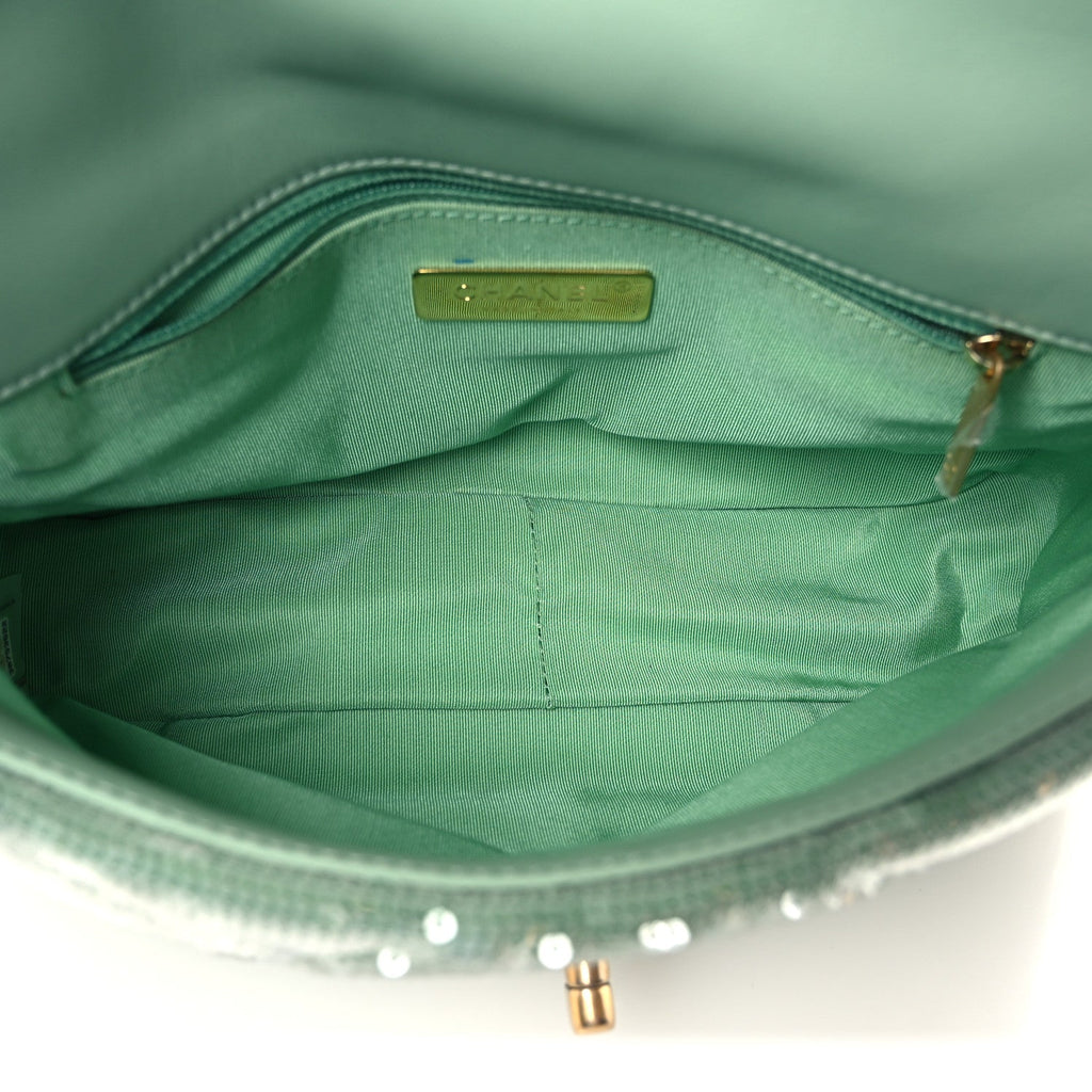 Sequin Quilted Medium Chanel 19 Flap Light Green