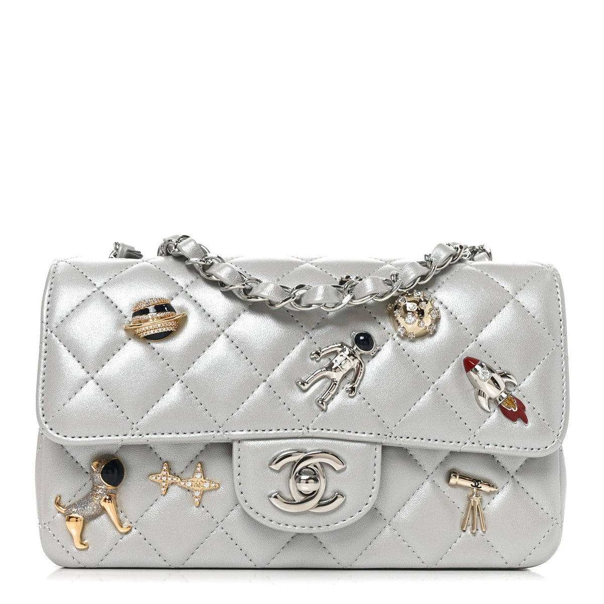 Metallic Lambskin Quilted Space Charms Mini Rectangular Flap Silver