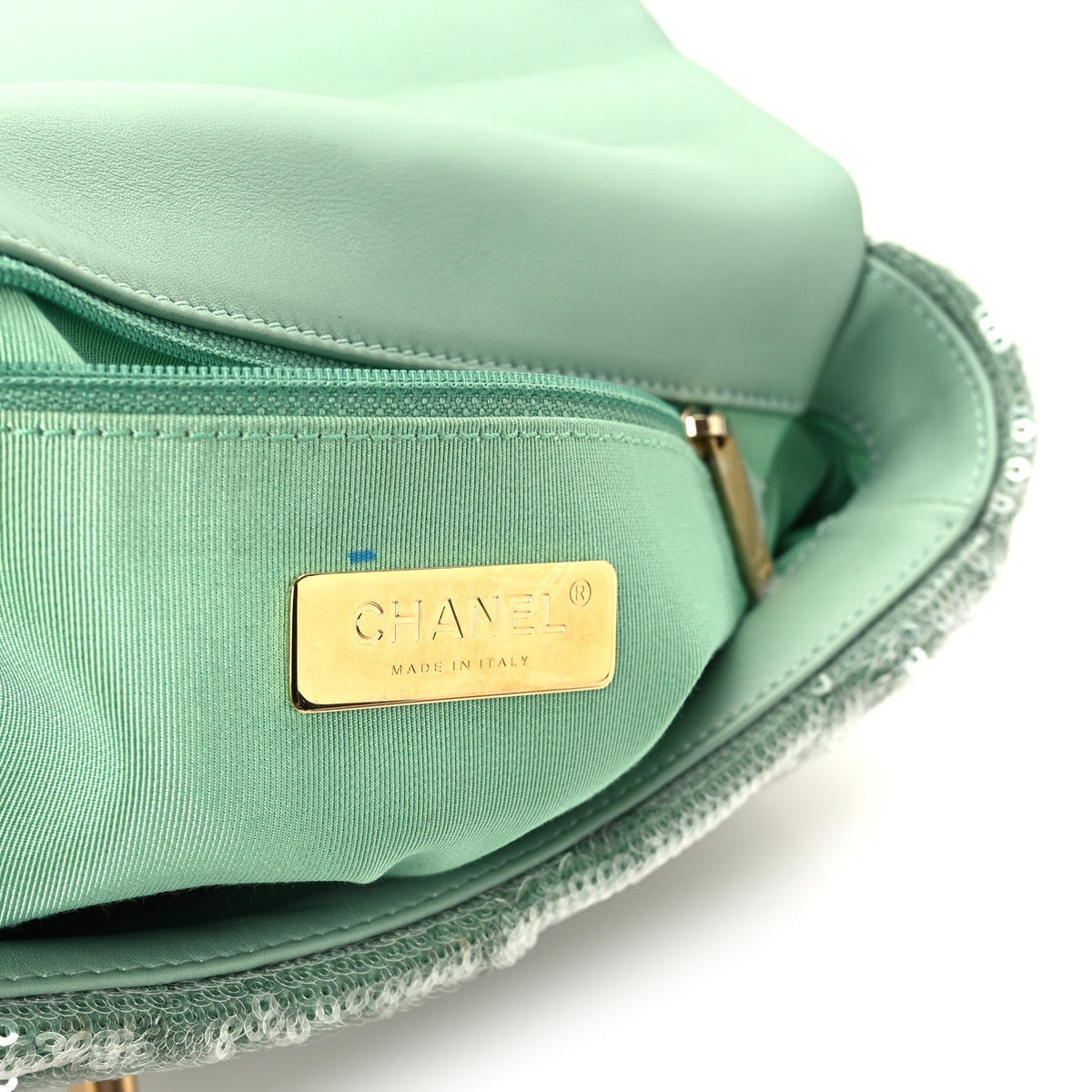Sequin Quilted Medium Chanel 19 Flap Light Green