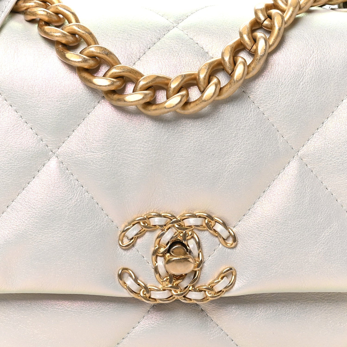 Iridescent Calfskin Quilted Medium Chanel 19 Flap White