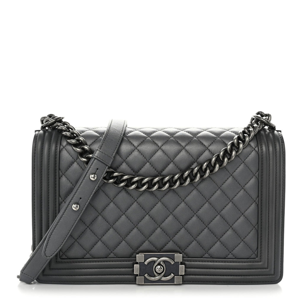 Metallic Calfskin Quilted New Medium Boy Flap Grey