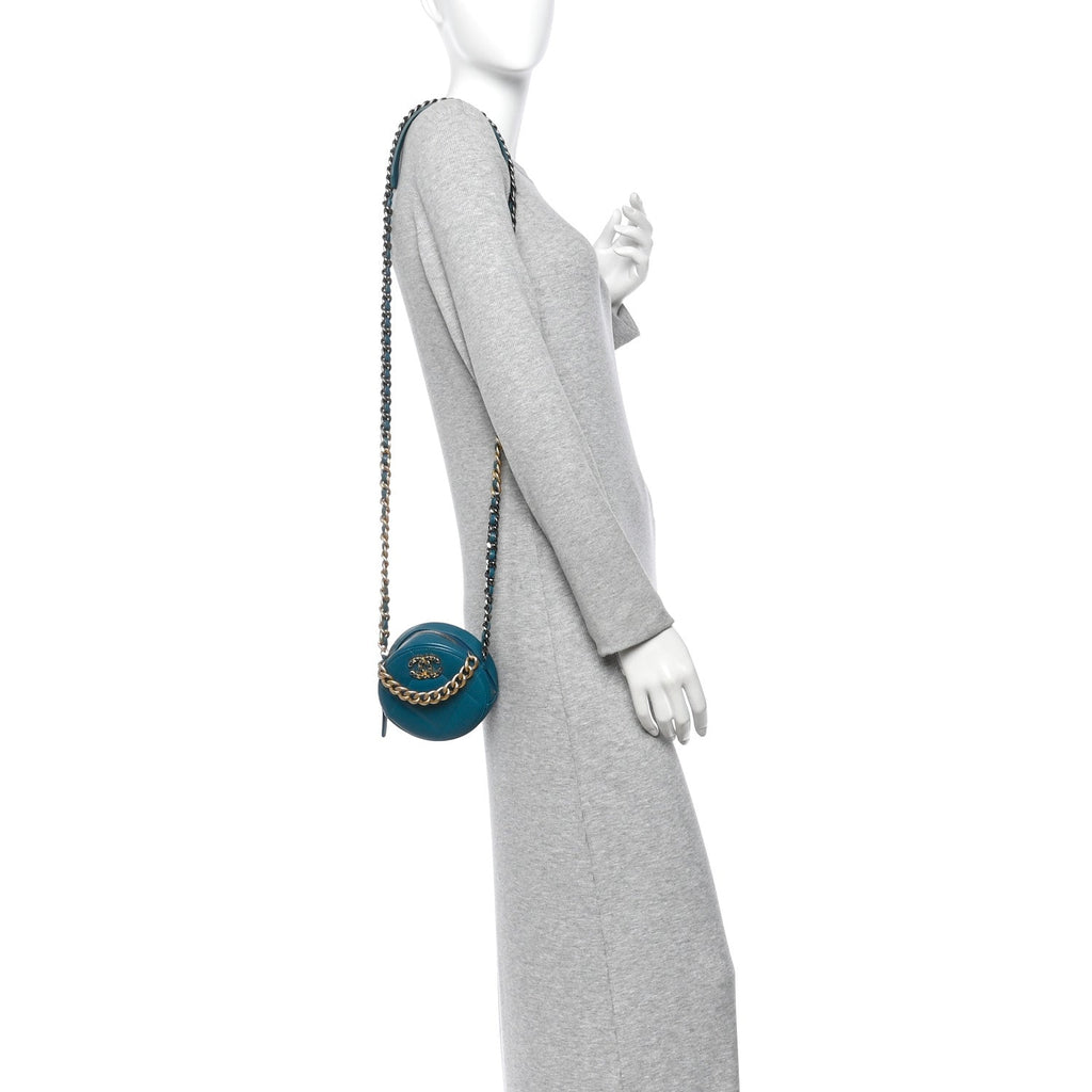 Goatskin Quilted Chanel 19 Round Clutch With Chain Blue