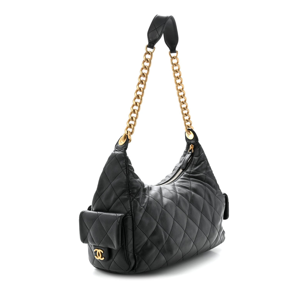 Shiny Lambskin Quilted Large Trendy Pockets Hobo Black