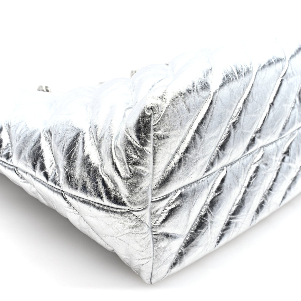 Metallic Crushed Calfskin Quilted Medium Crush Carry All Tote Bag Silver