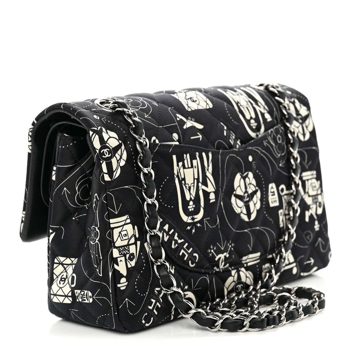 Satin Airline Printed Medium Double Flap Black White