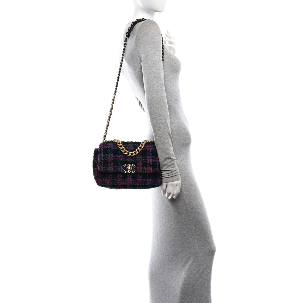 Tweed Quilted Medium Chanel 19 Flap Black Blue Purple