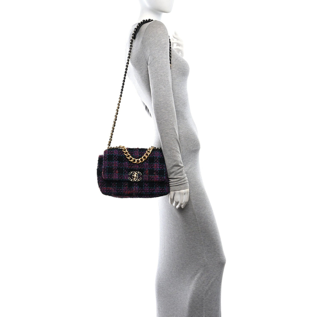 Tweed Quilted Medium Chanel 19 Flap Black Blue Purple