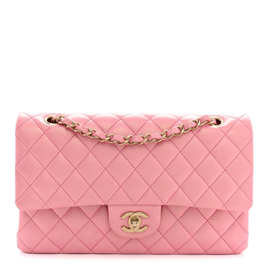 Iridescent Calfskin Quilted Medium Double Flap Pink