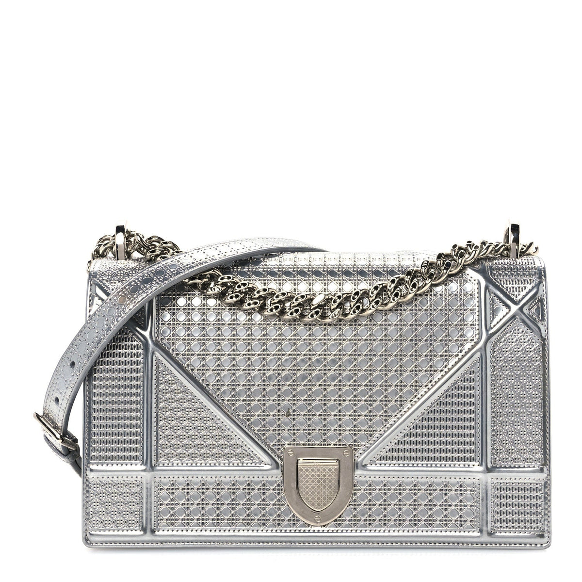 Metallic Patent Micro-Cannage Medium Diorama Flap Bag Silver