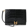 Shiny Calfskin Crocodile Embossed Hourglass Gusset Pouch Black