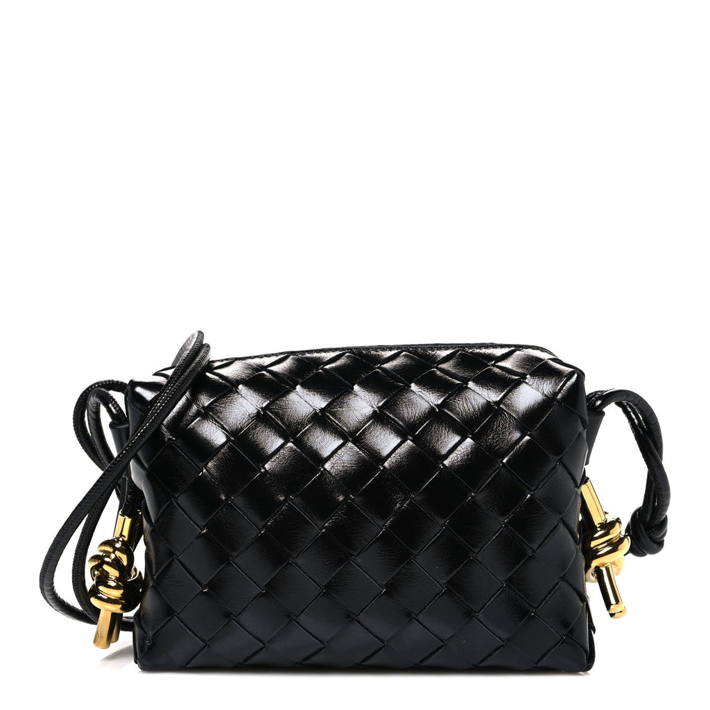 Polished Nappa Intrecciato Metallic Knot Mini Loop Camera Bag Black