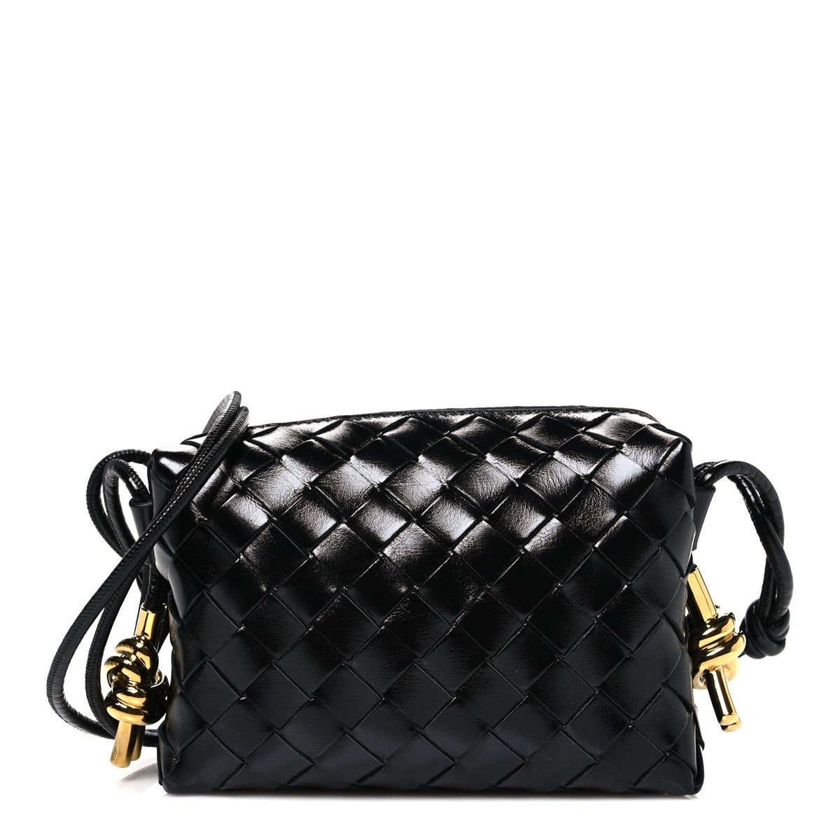 Polished Nappa Intrecciato Metallic Knot Mini Loop Camera Bag Black