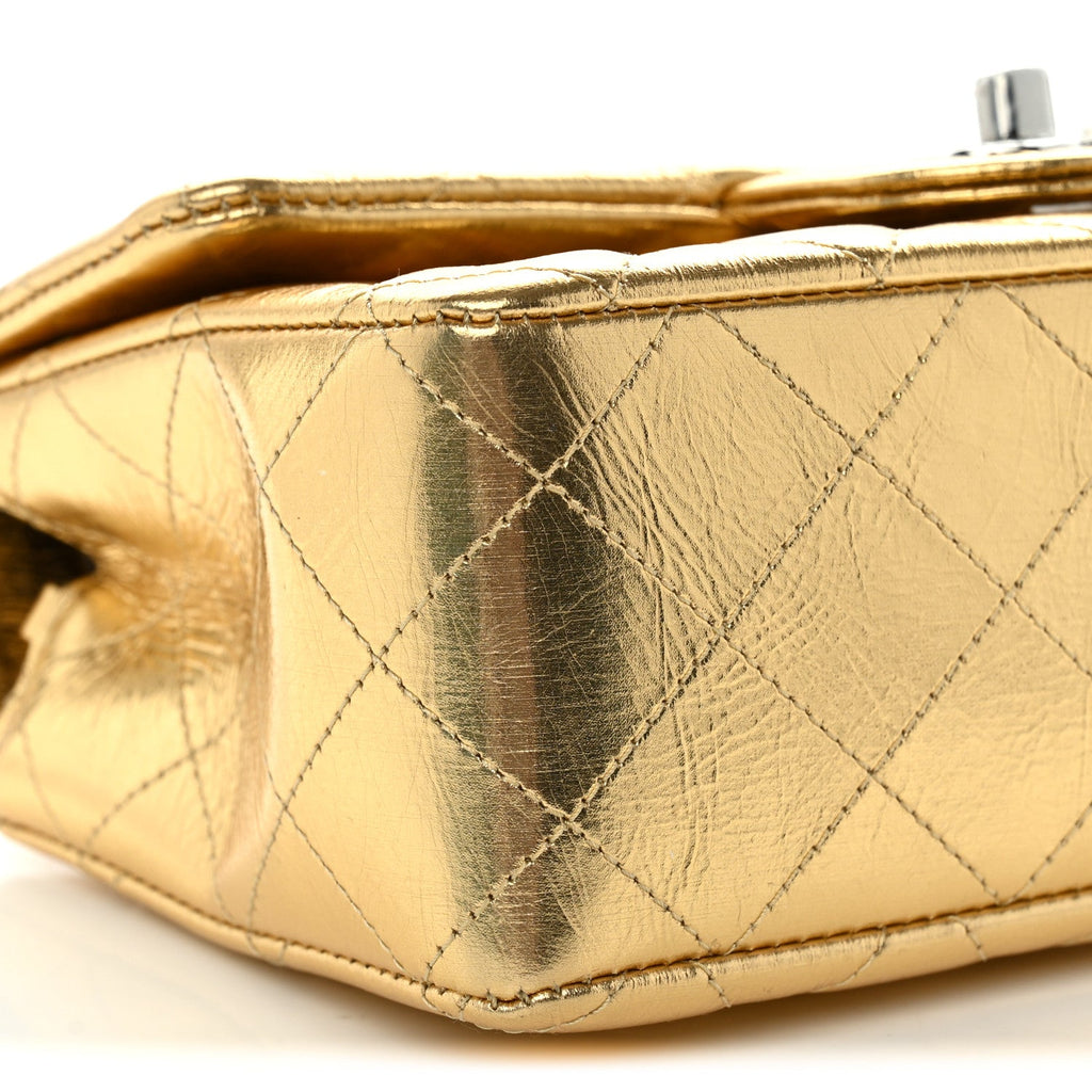 Metallic Crumpled Calfskin Quilted Mini Rectangular Flap Gold