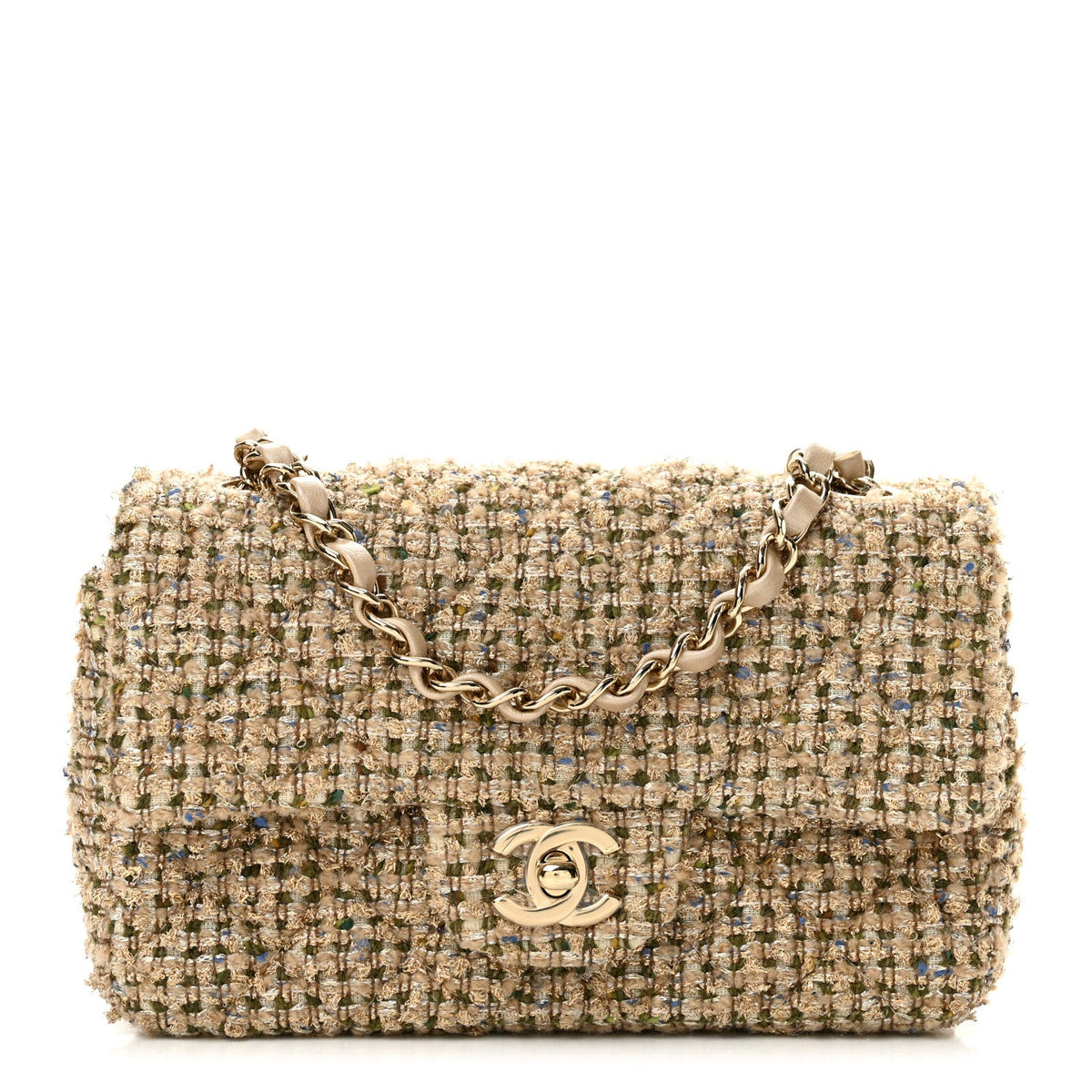 Tweed Quilted Mini Rectangular Flap Beige