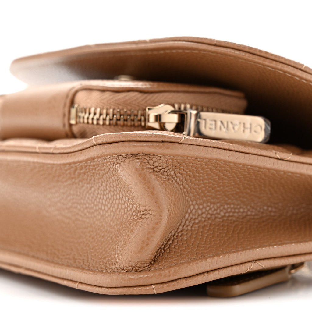 Caviar Quilted Business Affinity Clutch With Chain Flap Dark Beige