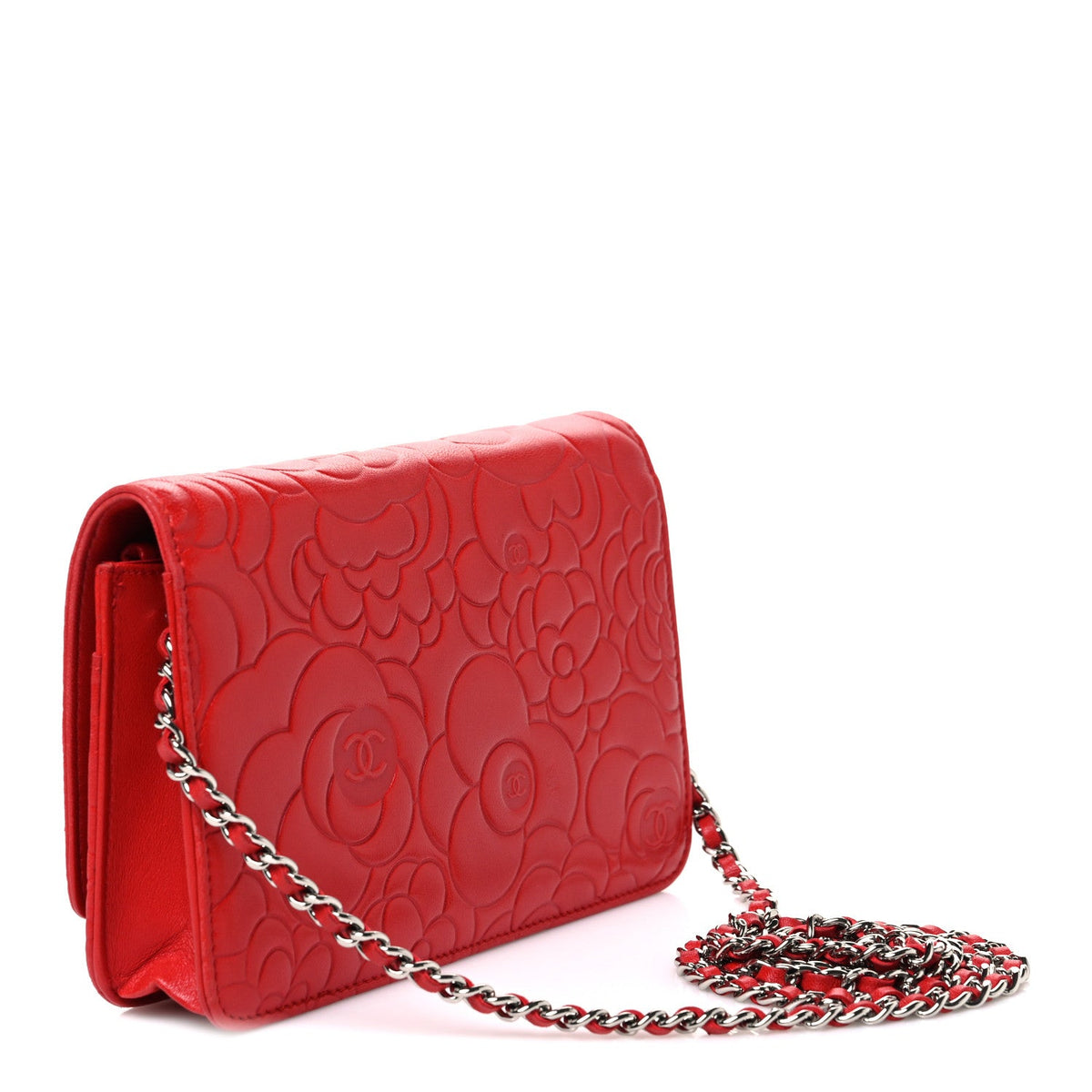 Lambskin Camellia Embossed Wallet on Chain WOC Red