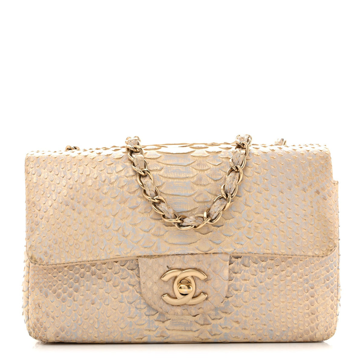 Metallic Snakeskin Mini Rectangular Flap White Gold