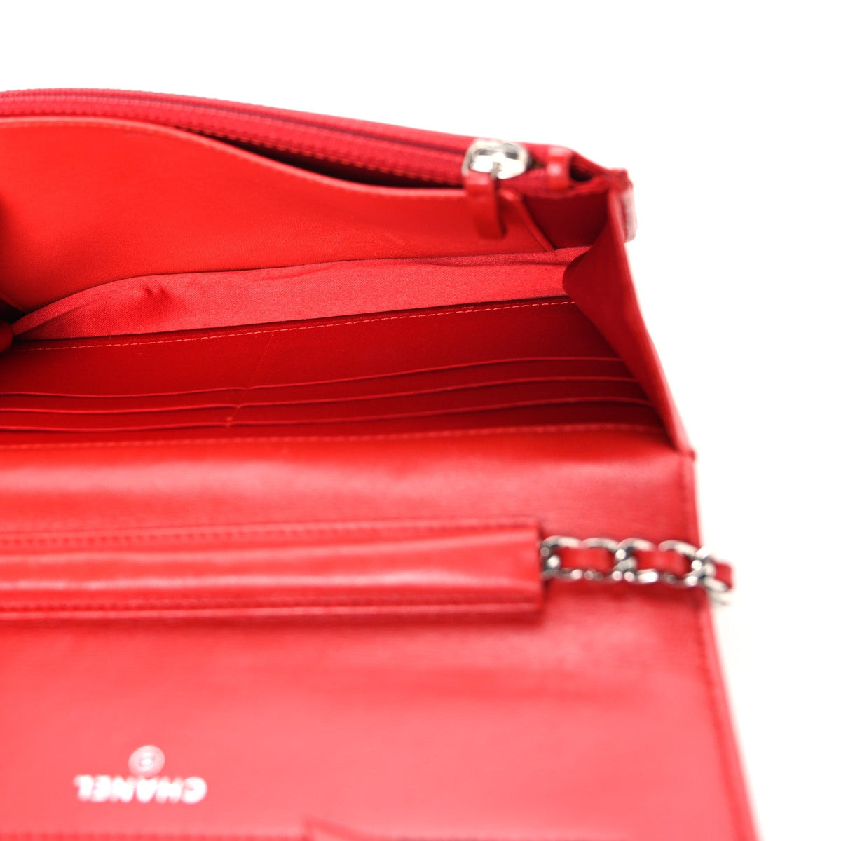 Lambskin Camellia Embossed Wallet on Chain WOC Red