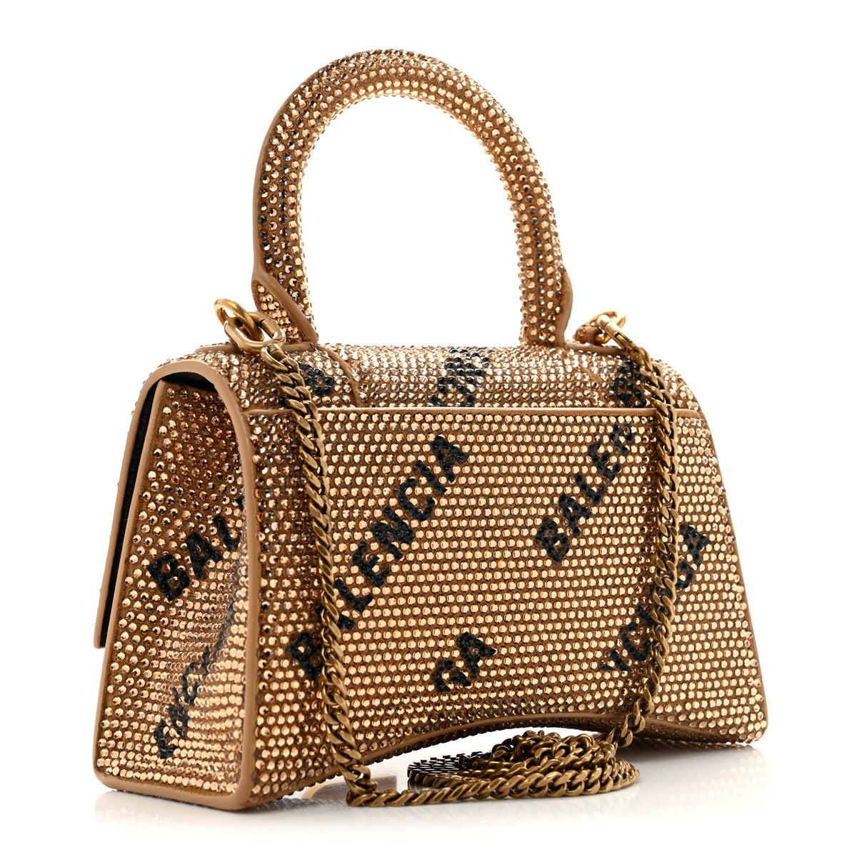 Strass Suede Allover Logo Hourglass Top Handle Bag XS with Chain Gold Black