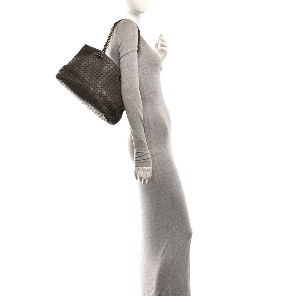 Nappa Intrecciato Medium Classic Chain Strap Tote Taupe Grey