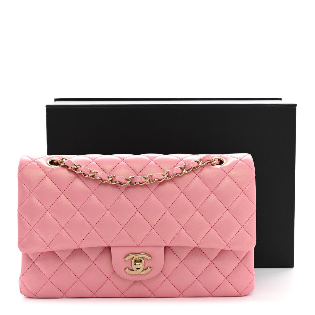 Iridescent Calfskin Quilted Medium Double Flap Pink