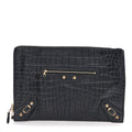Crocodile Embossed Giant 12 Gold Hardware Pouch Clutch Black