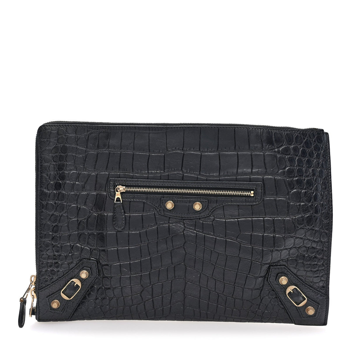 Crocodile Embossed Giant 12 Gold Hardware Pouch Clutch Black