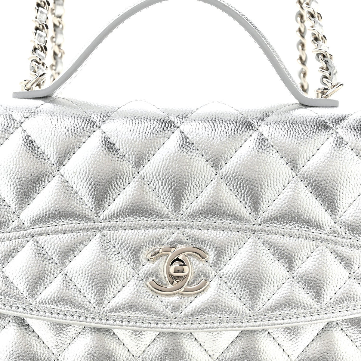 Metallic Caviar Quilted Top Handle Wallet on Chain WOC Silver