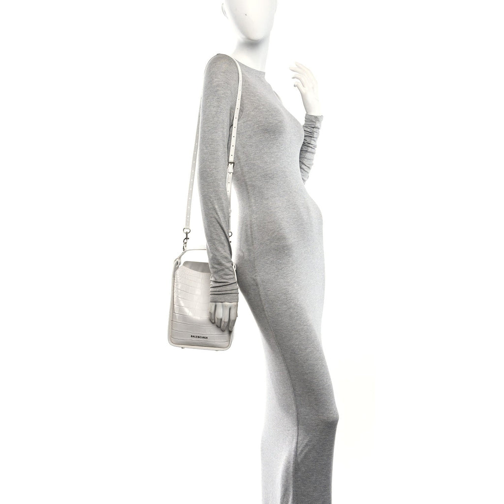 Calfskin Logo Crocodile Embossed XS Tool 2.0 North-South Tote White Black