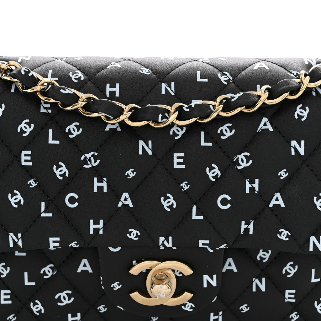 Lambskin Quilted Logo CC Printed Small Double Flap Black White