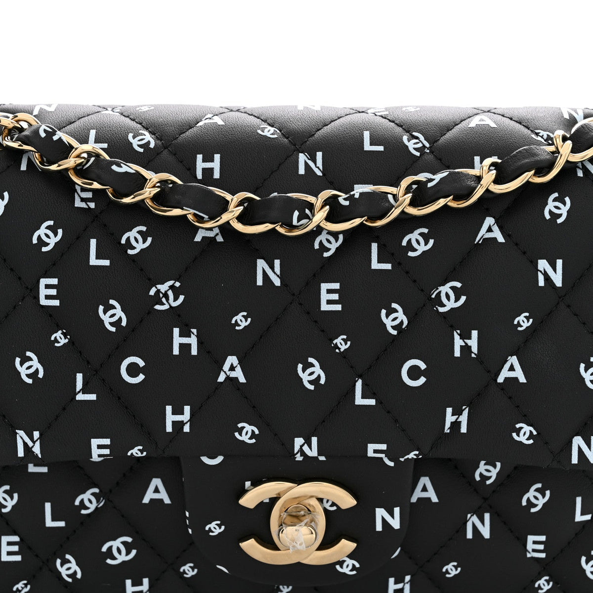 Lambskin Quilted Logo CC Printed Small Double Flap Black White