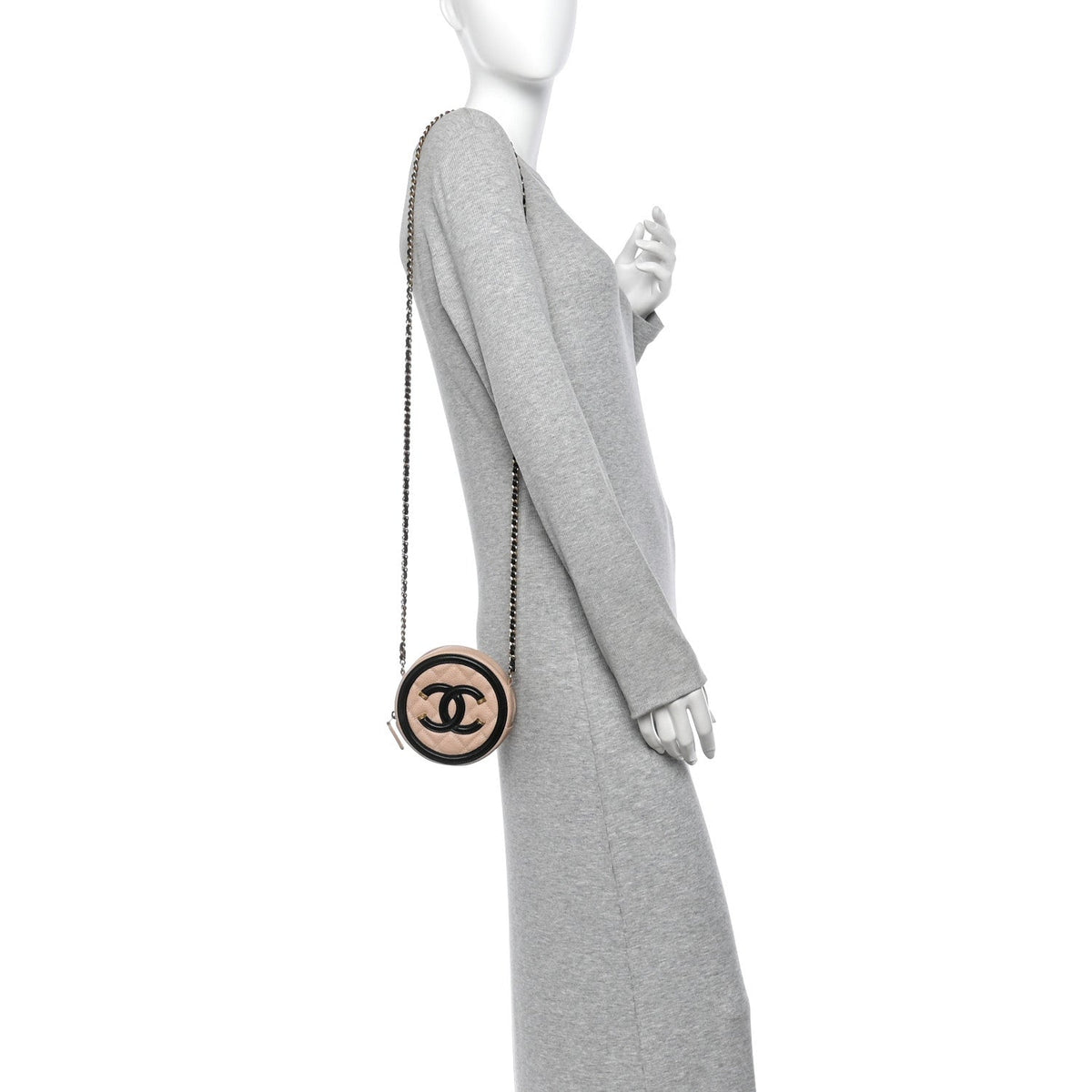 Caviar Quilted Round Filigree Crossbody Beige Black