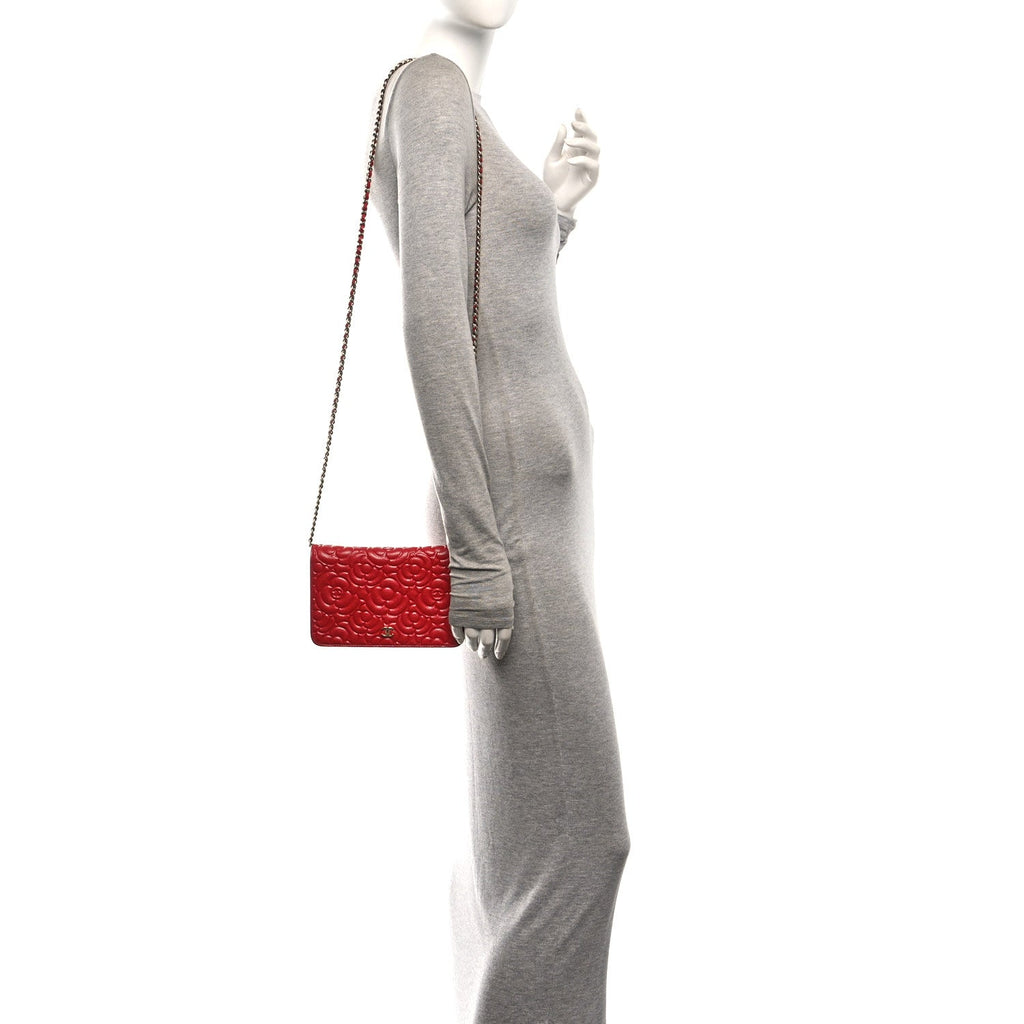 Caviar Camellia Embossed Wallet On Chain WOC Red