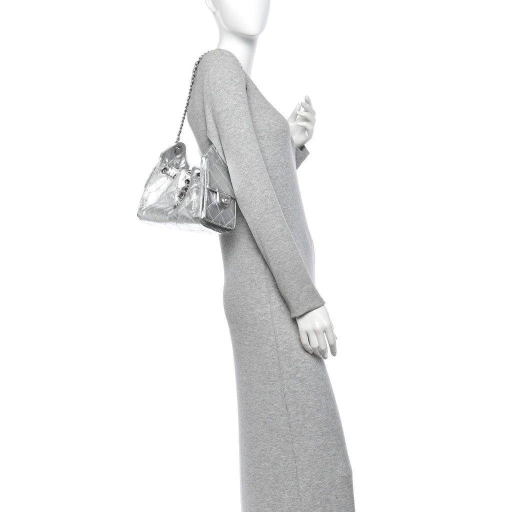 Metallic Caviar Quilted Mini Chanel 25 Handbag Silver