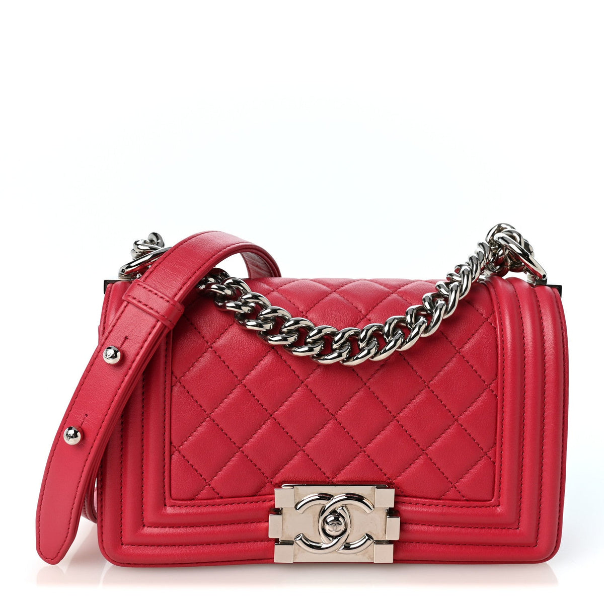Calfskin Quilted Small Boy Flap  Dark Pink