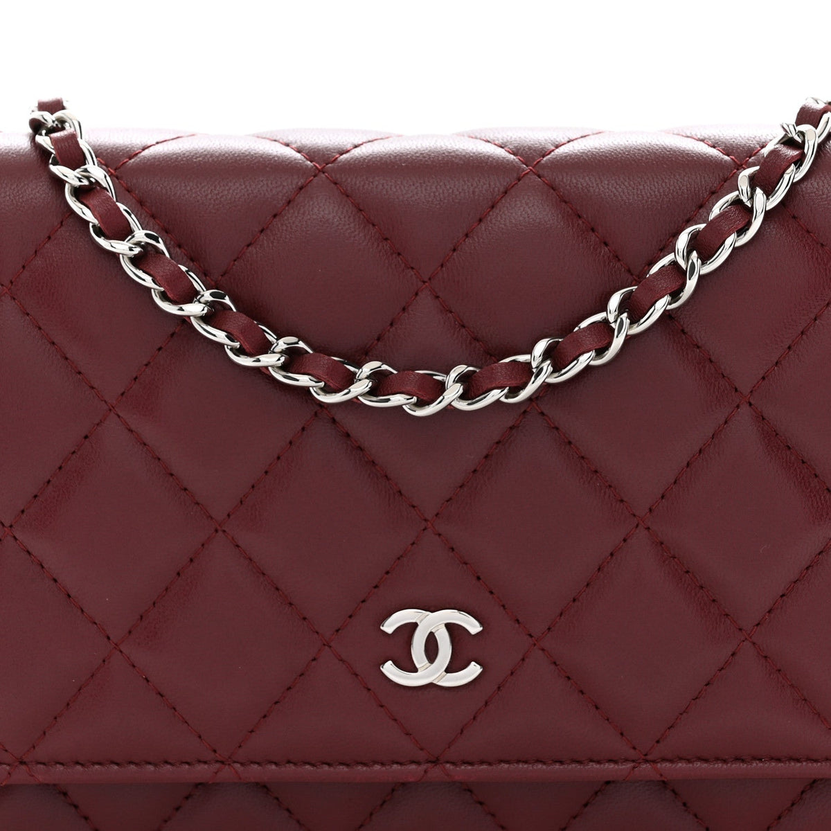 Lambskin Quilted Wallet On Chain WOC Burgundy
