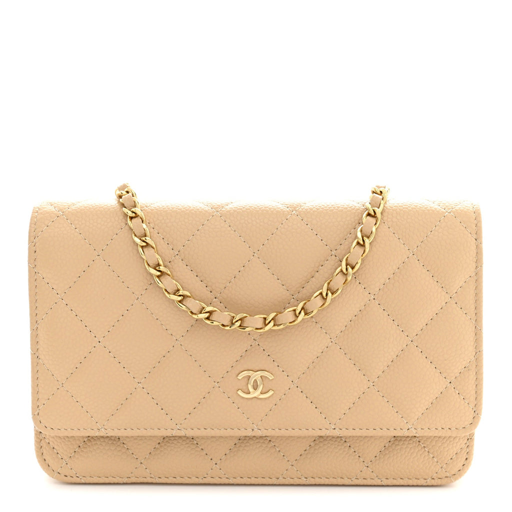 Caviar Quilted Wallet on Chain WOC Beige