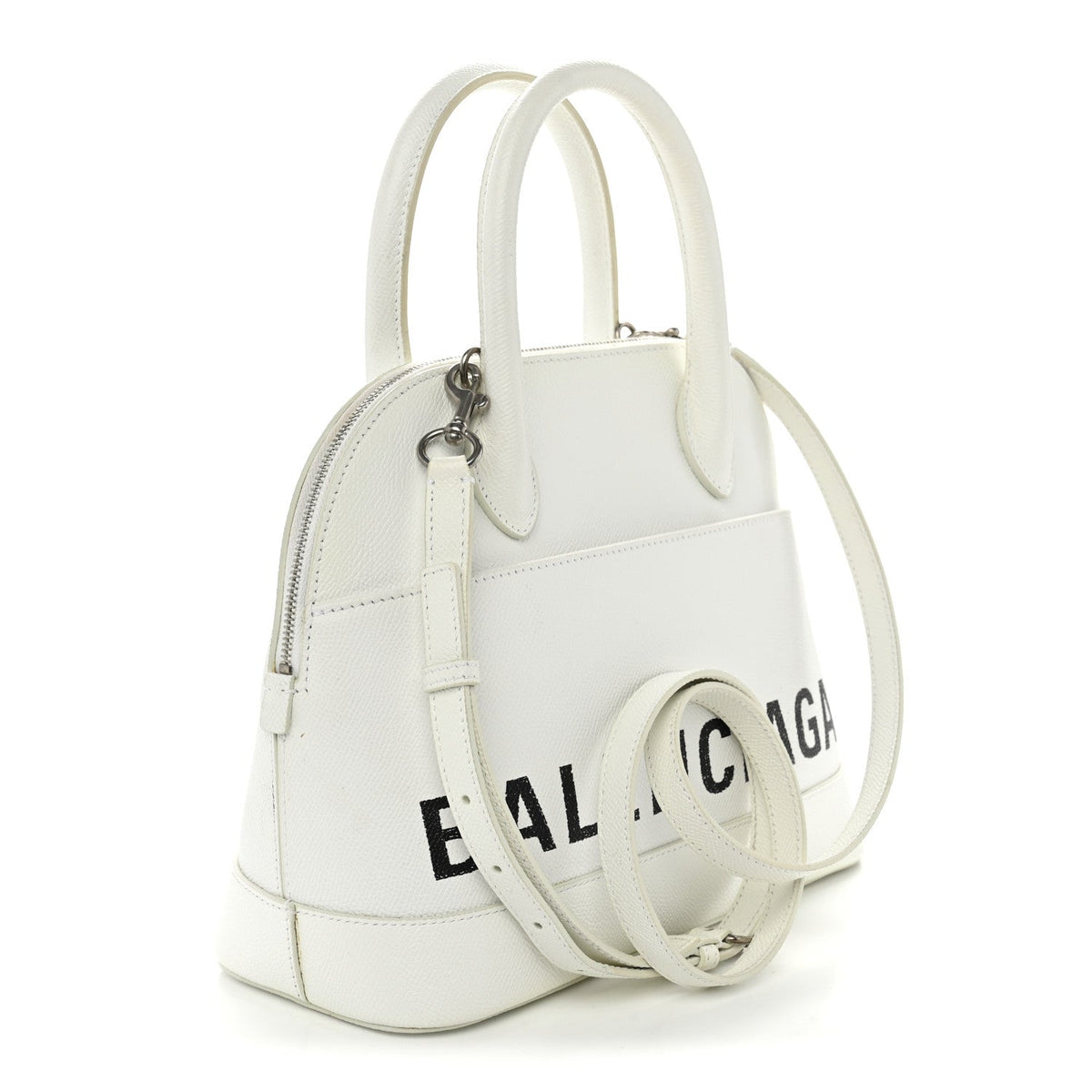 Signature Grained Calfskin Logo S Ville Top Handle Bag White Black