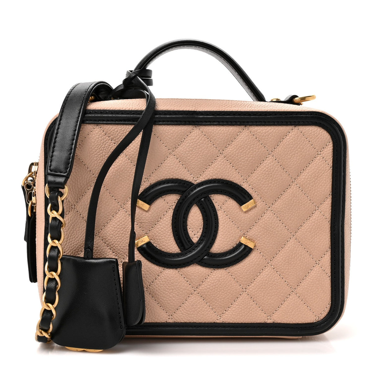 Caviar Quilted Medium CC Filigree Vanity Case Beige Black