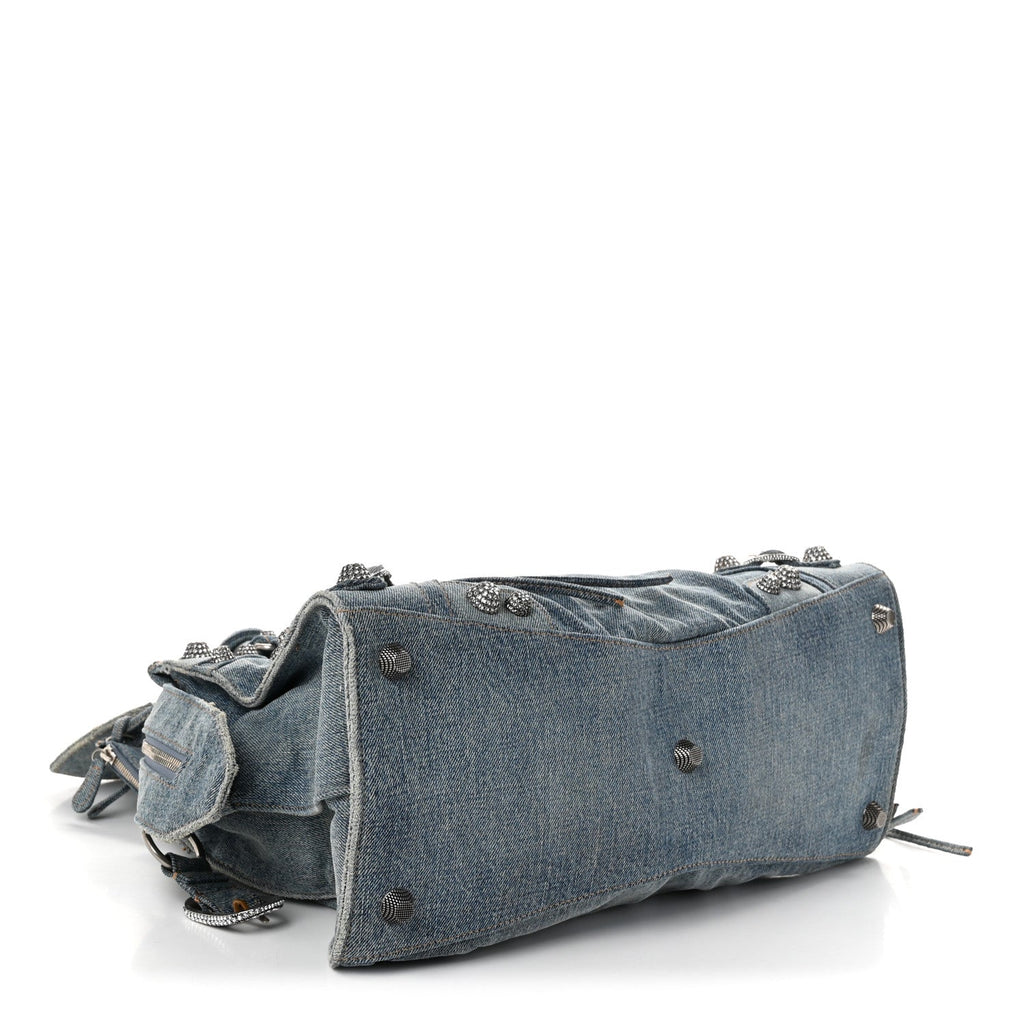 Washed Frayed Denim Crystal Neo Cagole City Handbag Blue