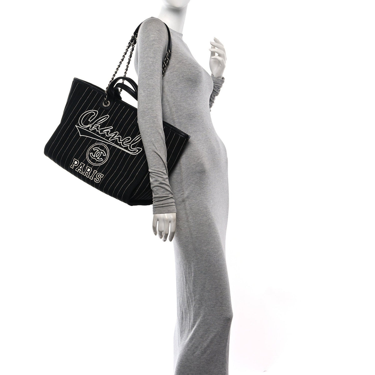Canvas Calfskin Striped Medium Deauville Tote Black White
